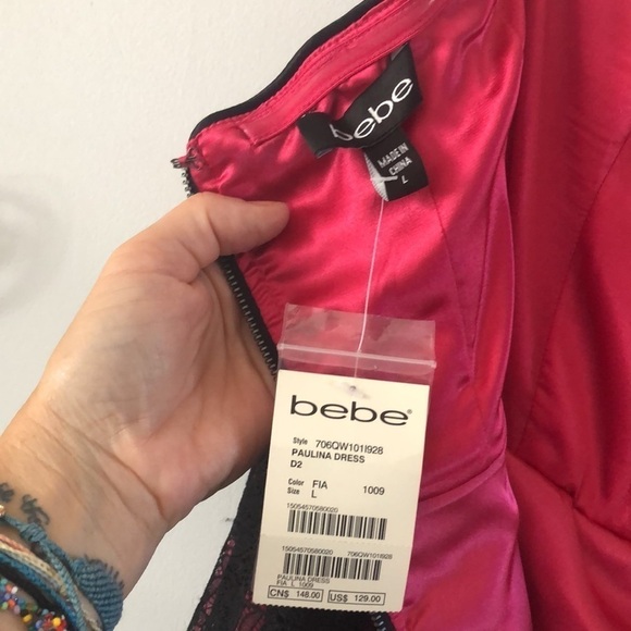 NEW Bebe Black Lace Pink Tulle Prom Winter Formal Dance Fit & Flare Mini L Dress - Picture 9 of 16